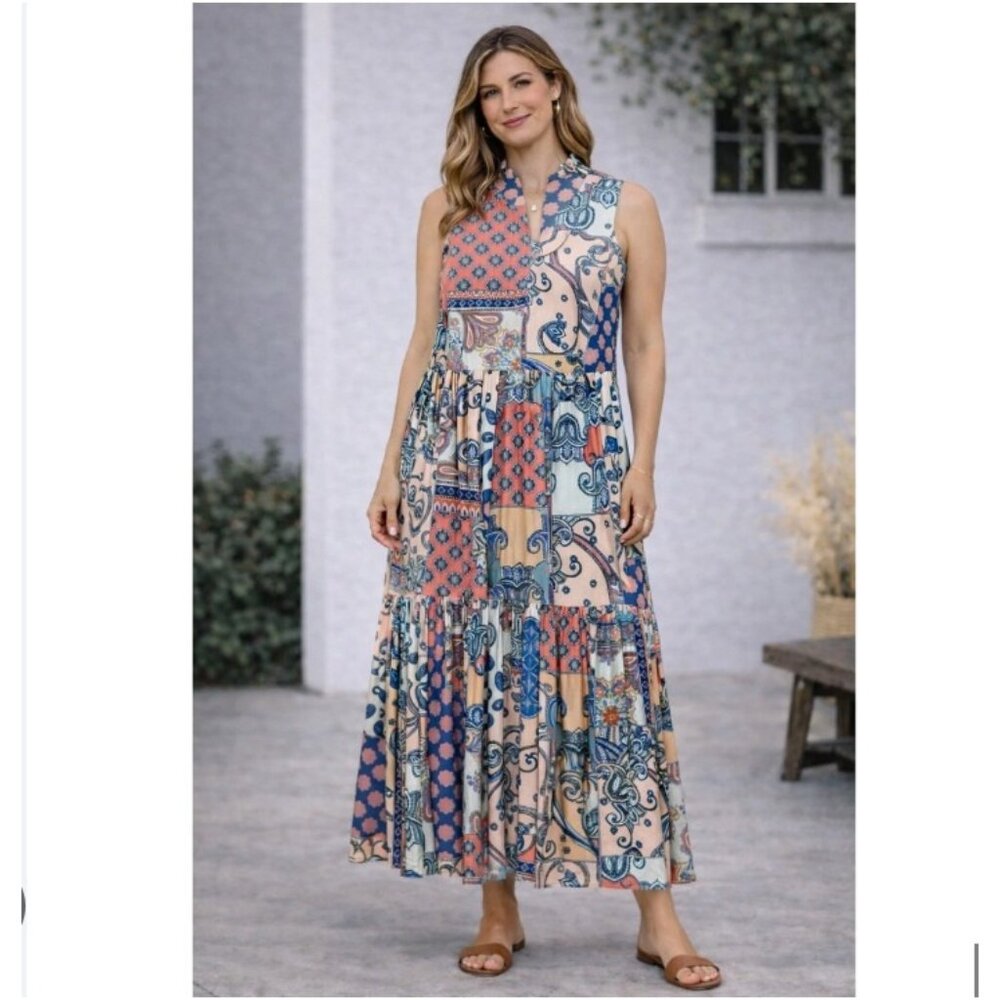 Tolani Collection Dress Womens 1X Multicolor Patchwork Maxi Sleeveless Boho